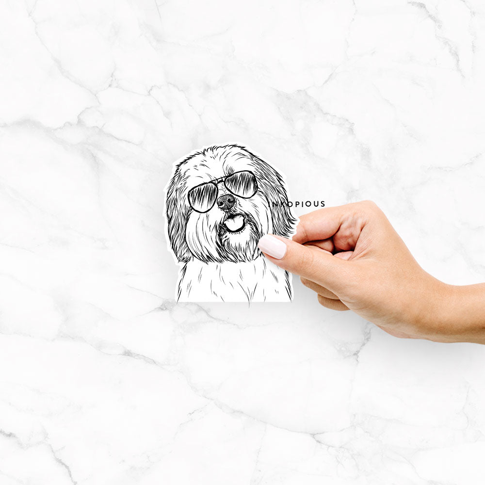 Hand-drawn sketch of Nikka the Lowchen wearing aviator sunglasses on a Nikka Lowchen decal sticker