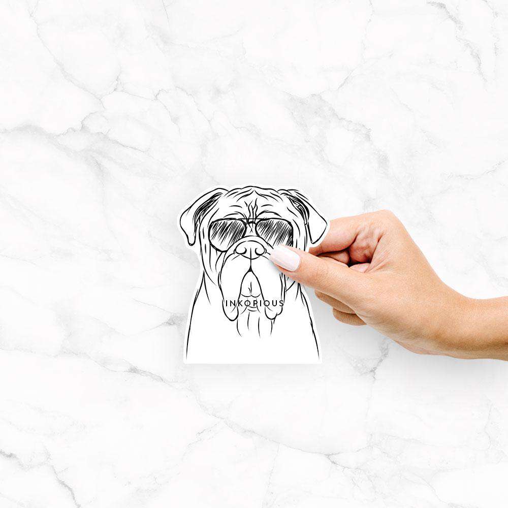 Hand-drawn sketch of Nolan the Bull Mastiff wearing aviator sunglasses on a decal sticker