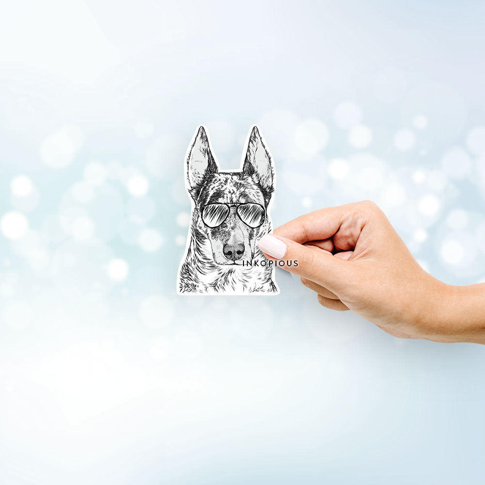 Hand-drawn sketch of Nori the Beauceron wearing aviator sunglasses on a decal sticker