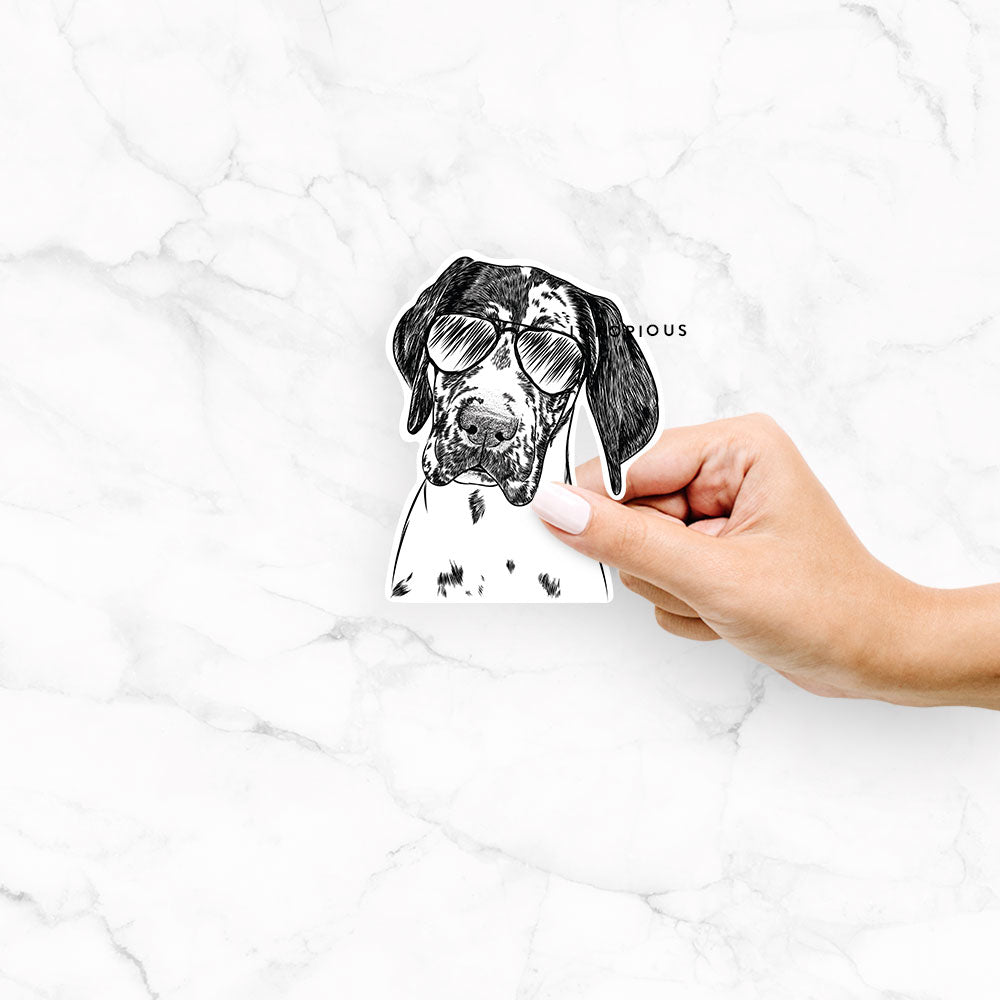 Hand-drawn sketch of Nyx the Great Dane wearing aviator sunglasses on a Nyx Great Dane decal sticker