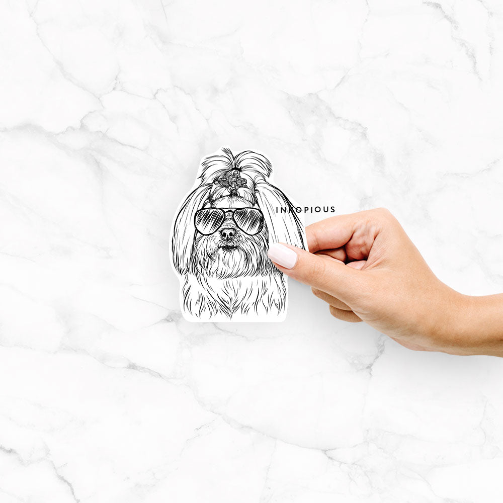 Hand-drawn sketch of Olga the Shih Tzu wearing aviator sunglasses on an Olga Shih decal sticker