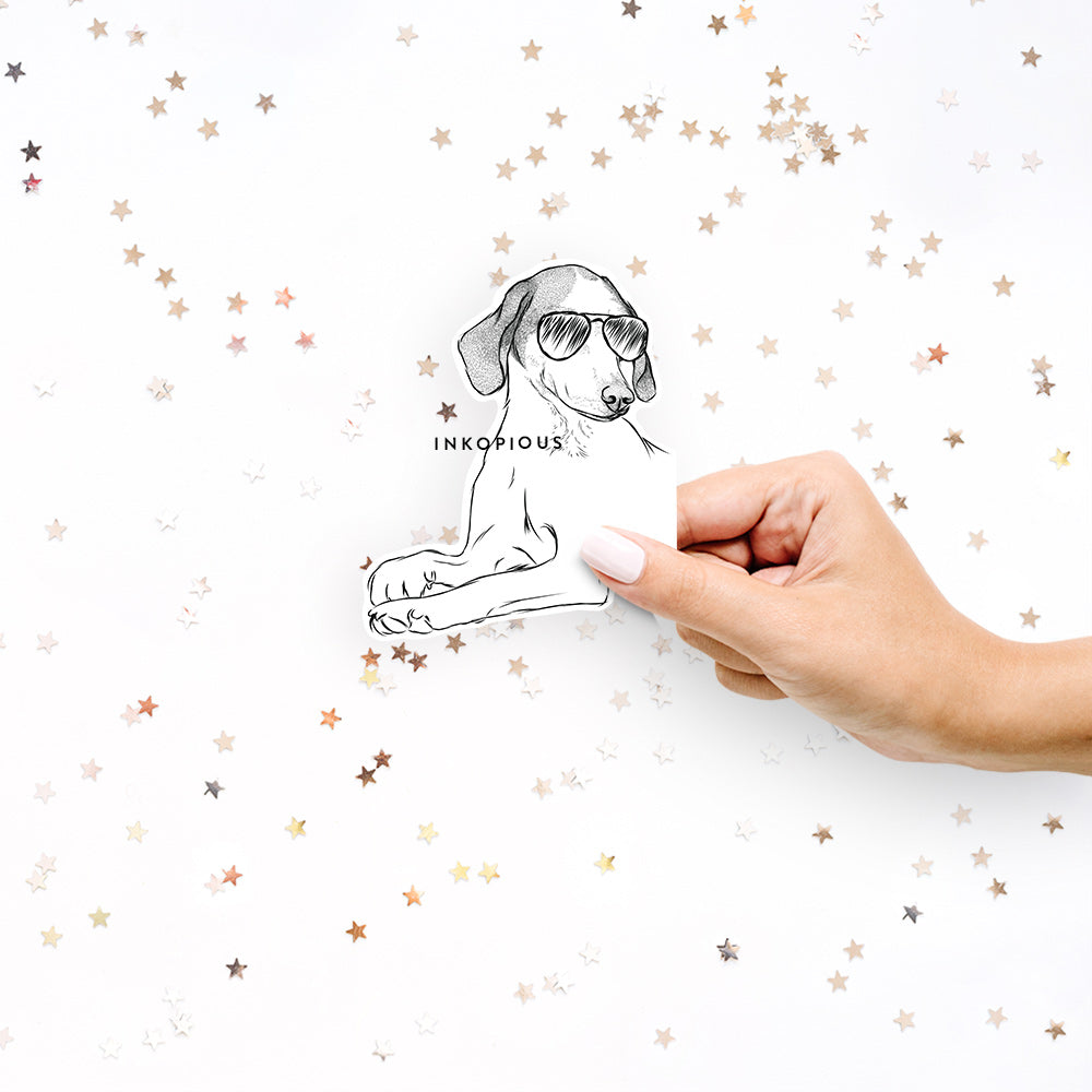 Hand-drawn sketch of Opie the Foxhound wearing aviator sunglasses on a decal sticker