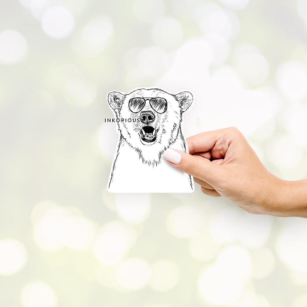 Hand-drawn sketch of Oslo the Polar Bear wearing aviator sunglasses on a decal sticker