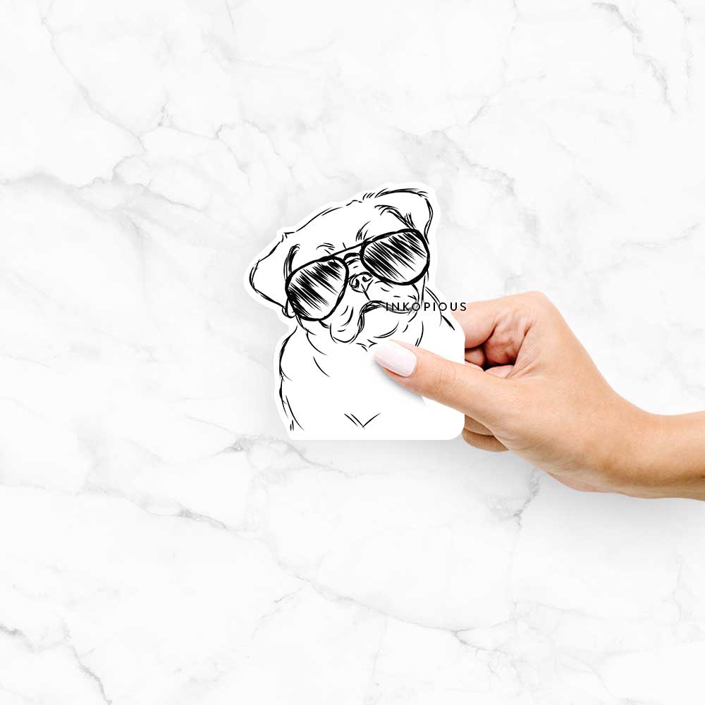 Hand-drawn sketch of Otis the Pug wearing aviator sunglasses on a decal sticker