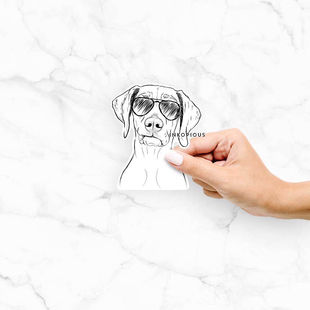 Hand-drawn sketch of Pawley the Vizsla wearing aviator sunglasses on a Pawley Vizsla decal sticker