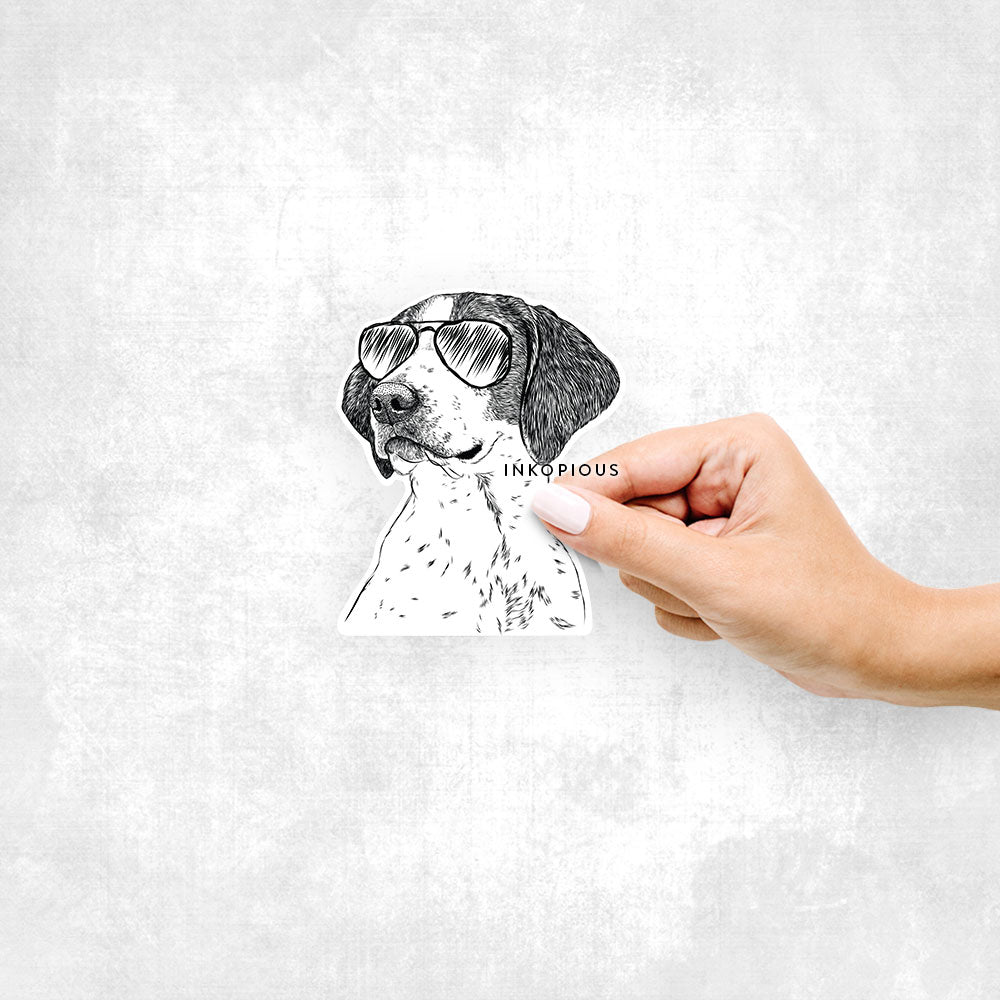 Hand-drawn sketch of Payton the Mixed Breed wearing aviator sunglasses on a decal sticker