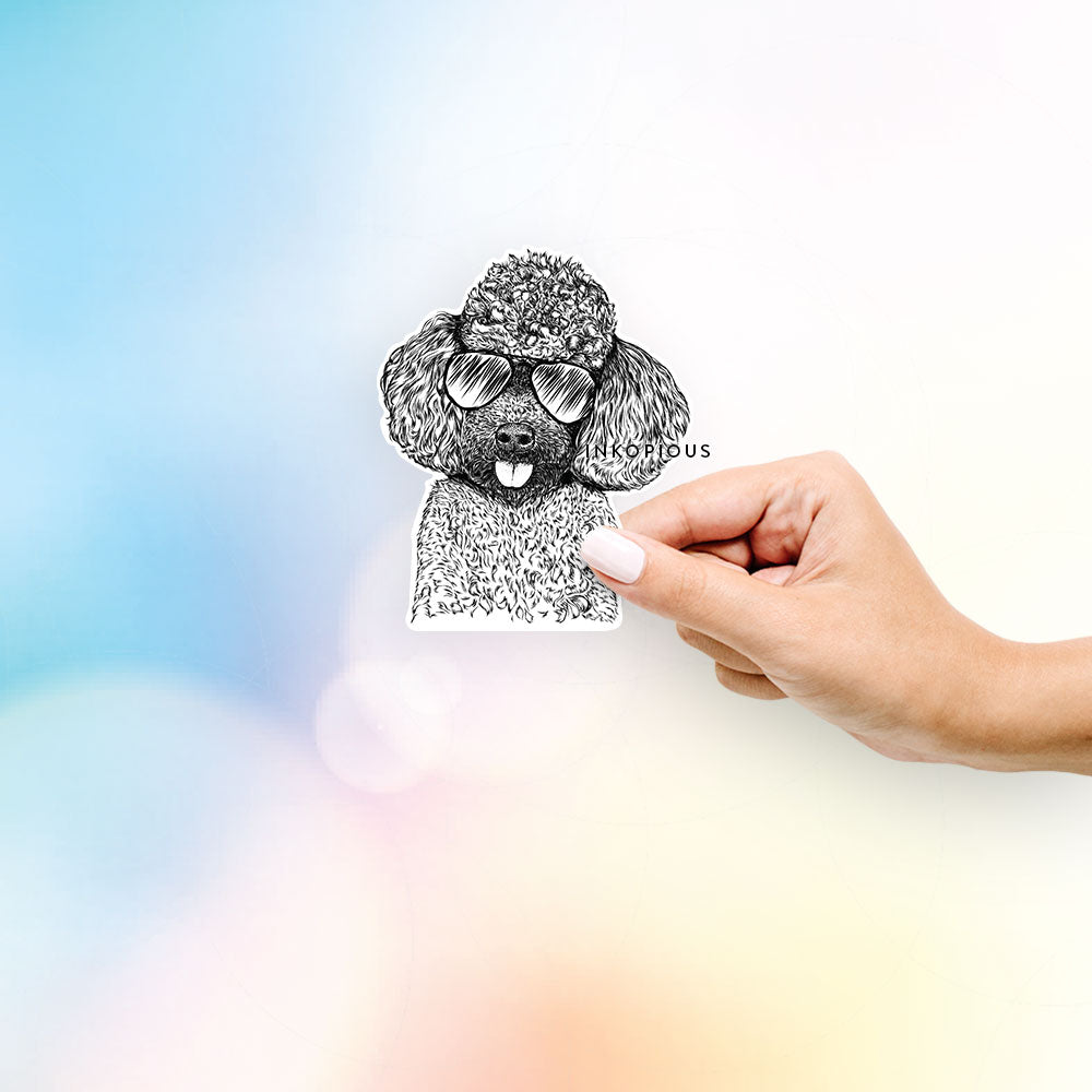 Hand-drawn sketch of George the Toy Poodle wearing aviator sunglasses on a Pdle George decal sticker