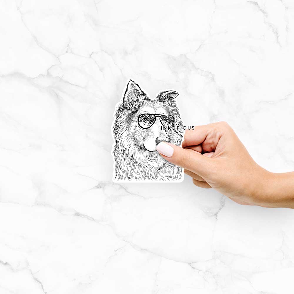 Hand-drawn sketch of Penny the Chow Mix wearing aviator sunglasses on a Penny Chow decal sticker