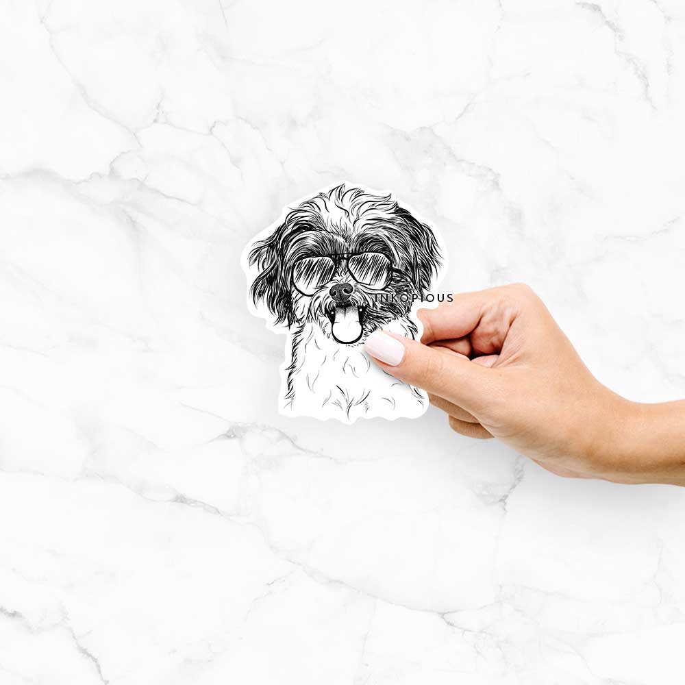 Hand-drawn sketch of Pepper the Shihpoo wearing aviator sunglasses on a Pepper Shihpoo decal sticker