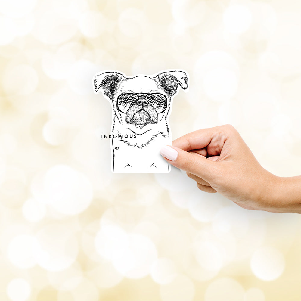 Hand-drawn sketch of Petit Penny the Brussels Griffon wearing aviator sunglasses on a decal sticker