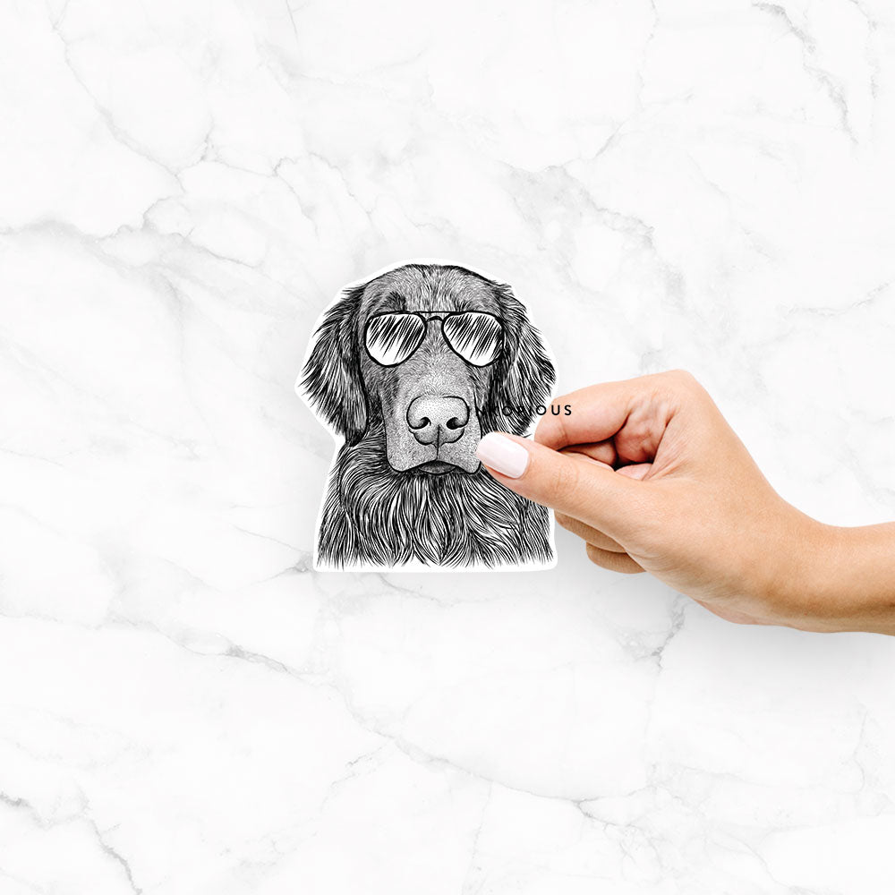 Hand-drawn sketch of Pippin the Flat Coated Retriever wearing aviator sunglasses on a Pippin FCR decal sticker