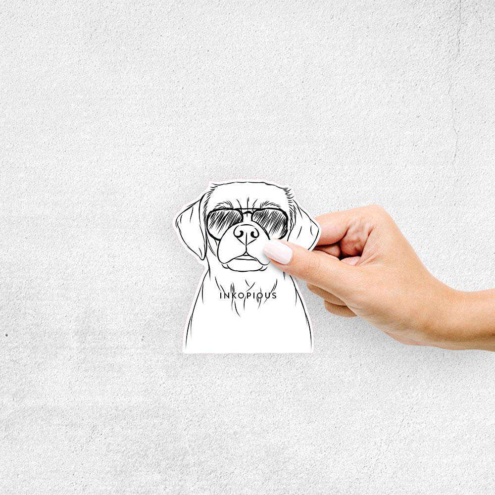 Hand-drawn sketch of Popcorn the Puggle wearing aviator sunglasses on a decal sticker