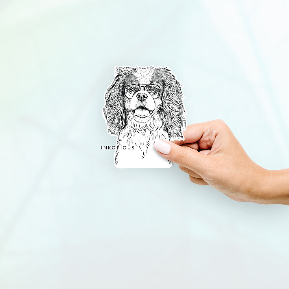 Hand-drawn sketch of Poppy the Cavalier King Charles Spaniel wearing aviator sunglasses on a Sticker decal sticker