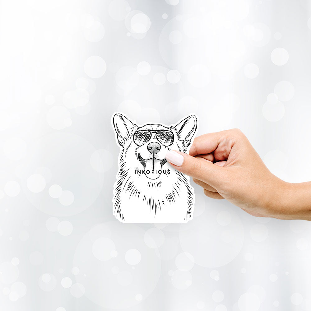 Hand-drawn sketch of Porter the Pembroke Welsh Corgi wearing aviator sunglasses on a decal sticker