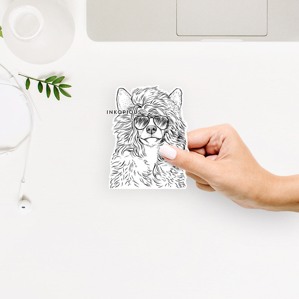 Hand-drawn sketch of Preston the Powderpuff Chinese Crested wearing aviator sunglasses on a decal sticker