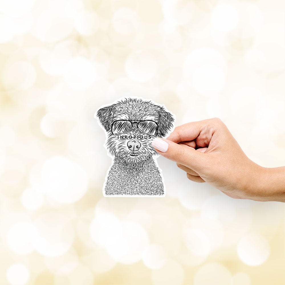Hand-drawn sketch of Pretzel the Schnoodle wearing aviator sunglasses on a decal sticker