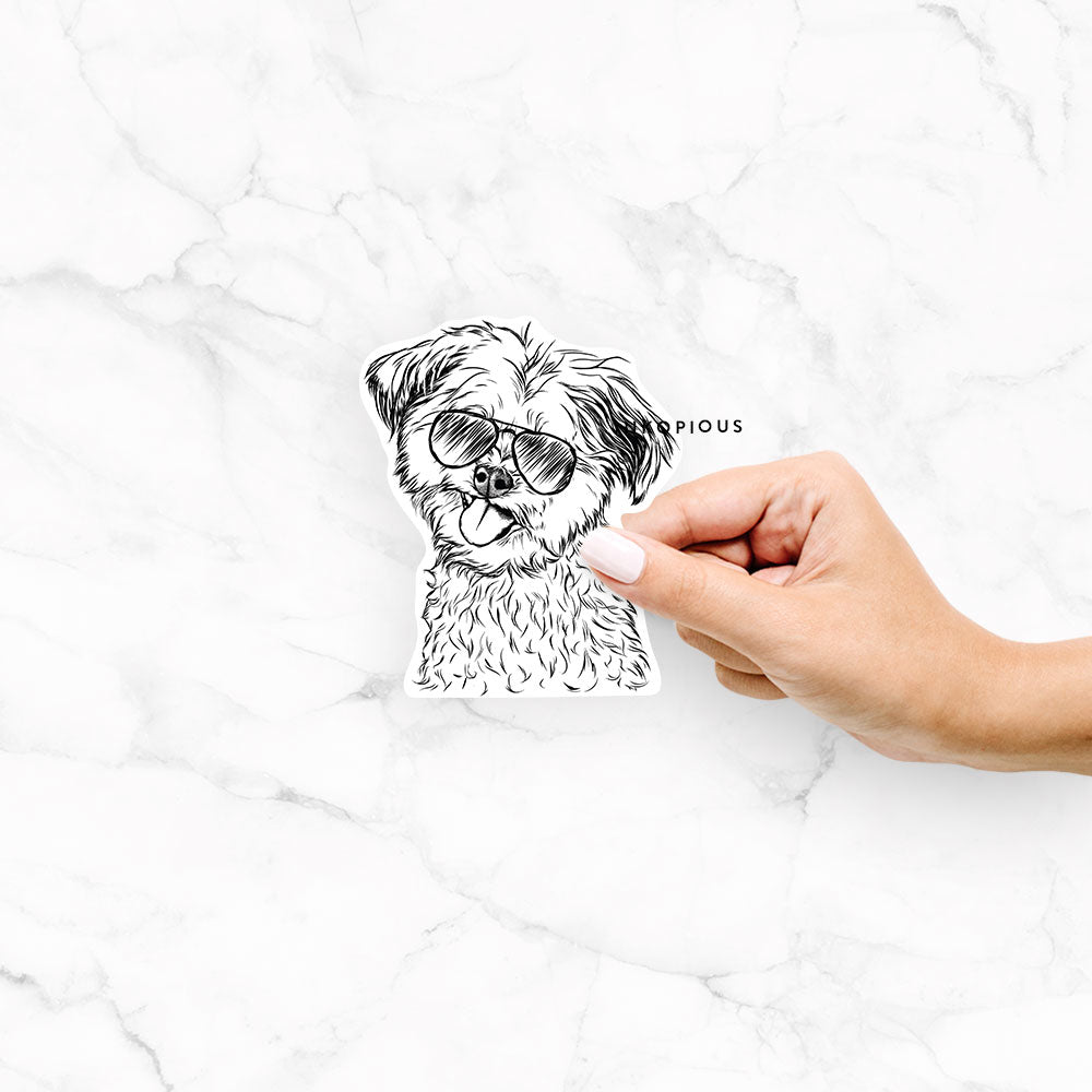 Hand-drawn sketch of Puff the Malshi wearing aviator sunglasses on a Puff Malshi decal sticker