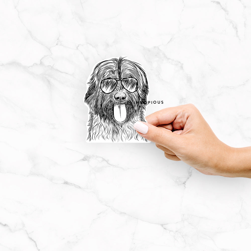 Hand-drawn sketch of Puig the Catalan Sheepdog wearing aviator sunglasses on a Puig Catalan Sheepdog decal sticker