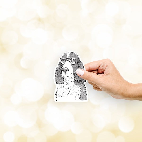 Hand-drawn sketch of Quincy the English Springer Spaniel wearing aviator sunglasses on an ESSpaniel decal sticker
