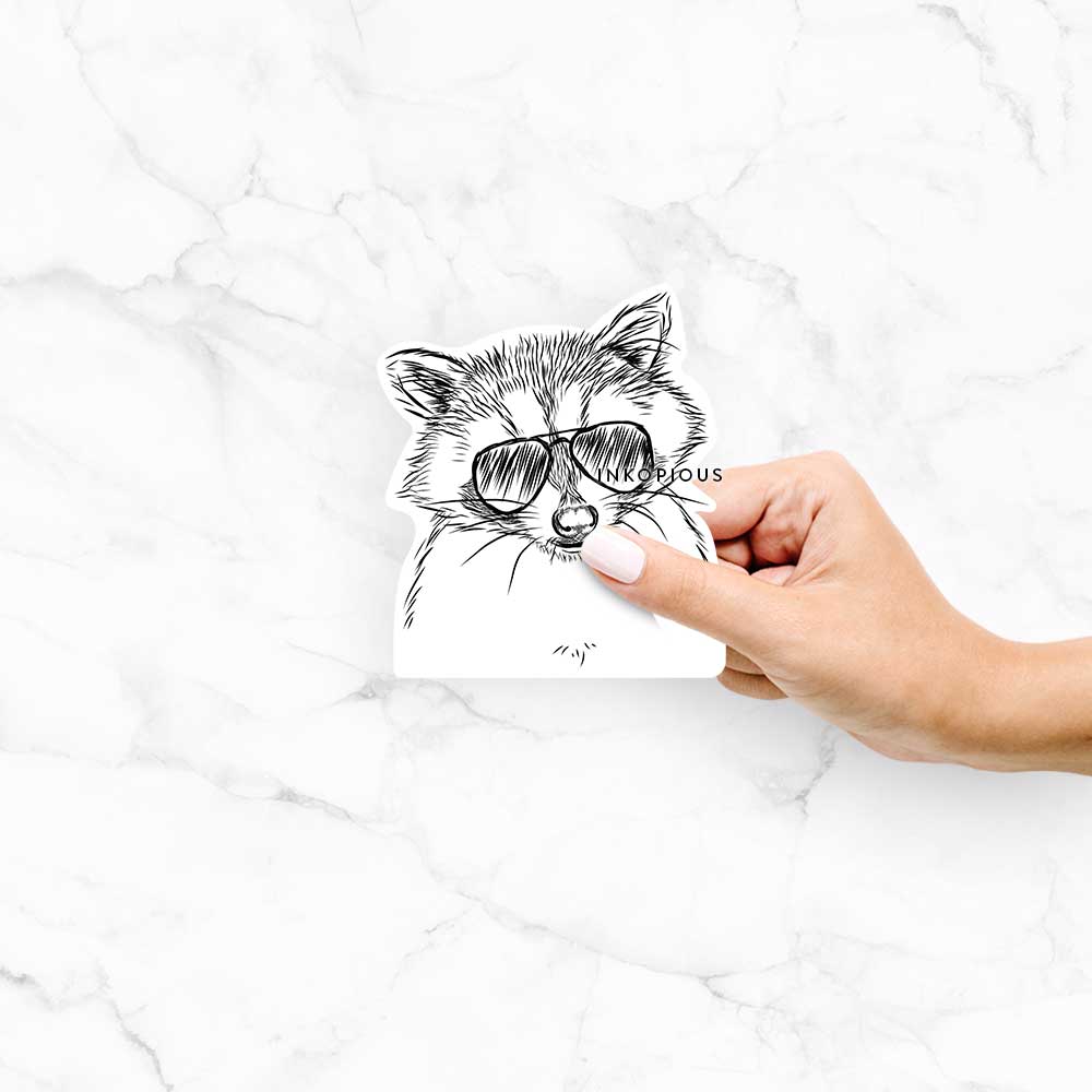 Hand-drawn sketch of Randy the Raccoon wearing aviator sunglasses on a decal sticker