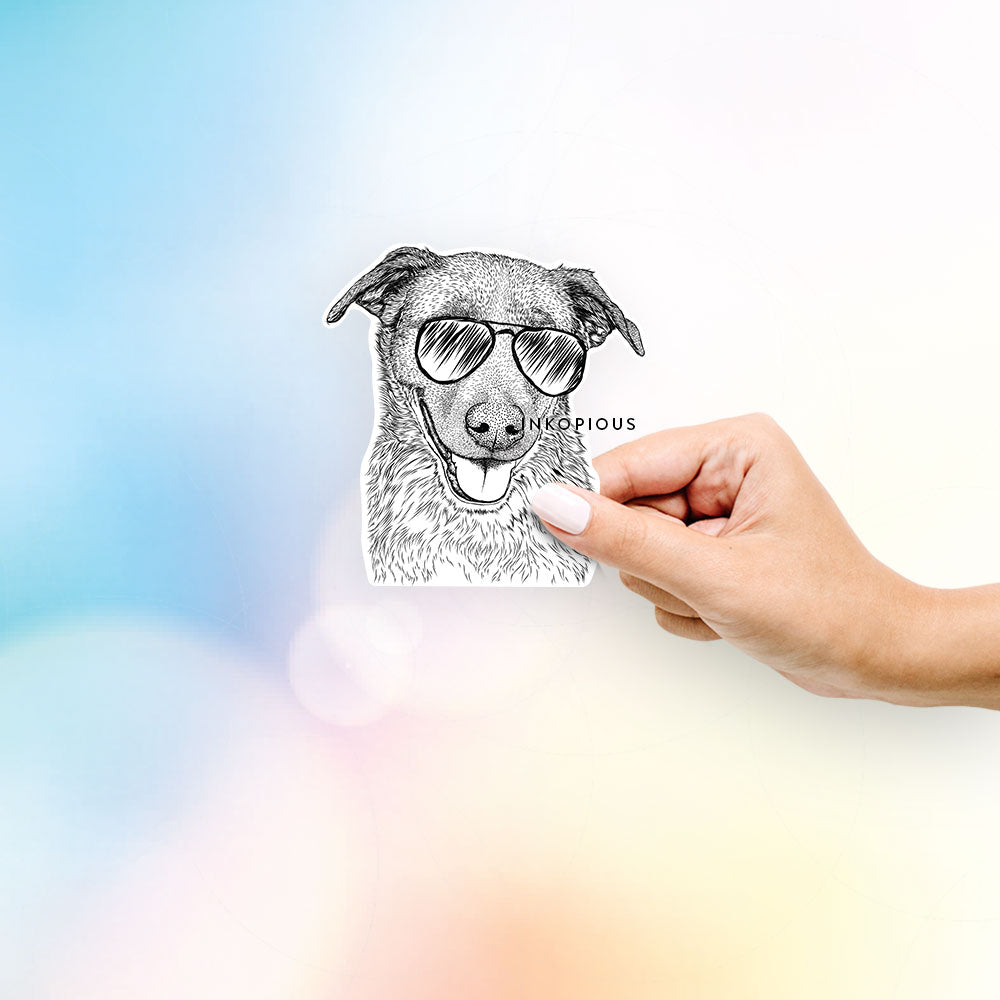 Hand-drawn sketch of Reef the Mixed Breed wearing aviator sunglasses on a decal sticker