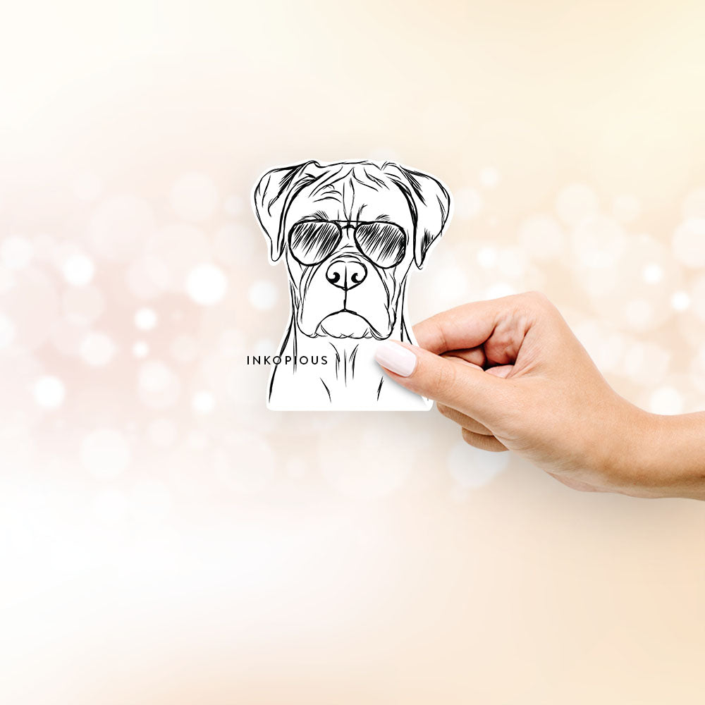 Hand-drawn sketch of Reese the Boxer wearing aviator sunglasses on a Sticker decal sticker