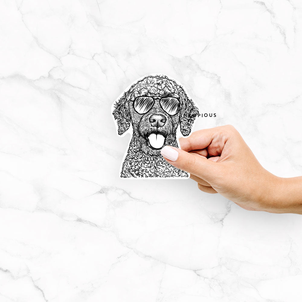 Hand-drawn sketch of Reina the Spanish Water Dog wearing aviator sunglasses on a Reina SWD decal sticker