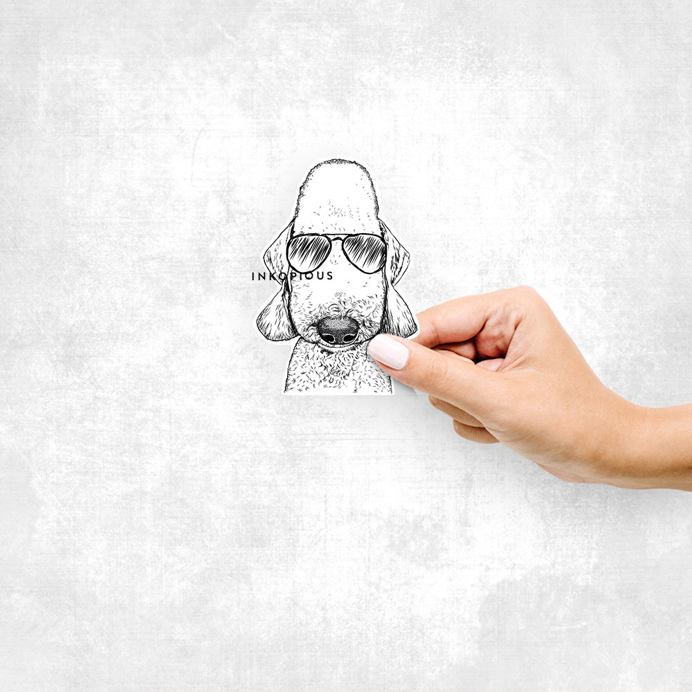 Hand-drawn sketch of Remington the Bedlington Terrier wearing aviator sunglasses on a decal sticker