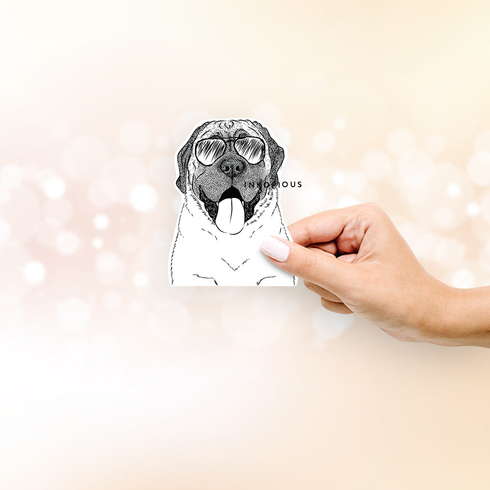 Hand-drawn sketch of Remmie the English Mastiff wearing aviator sunglasses on a decal sticker