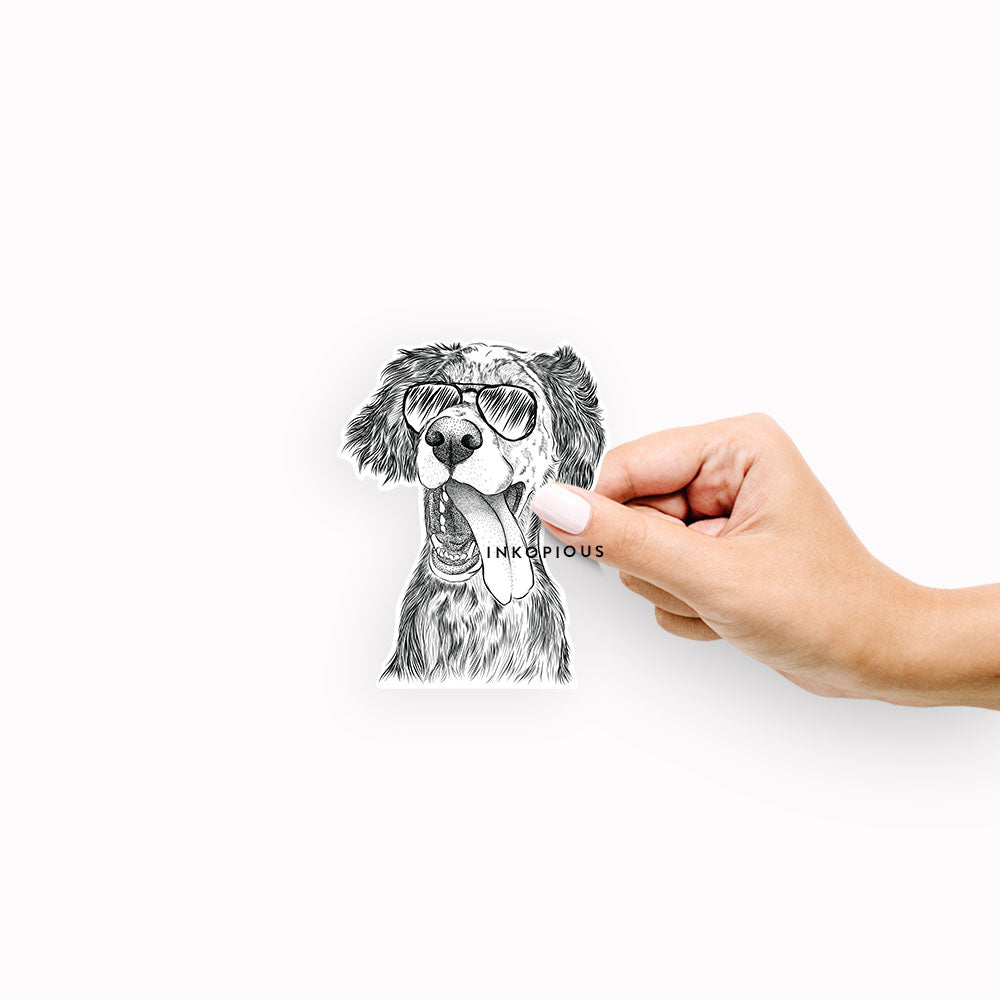 Hand-drawn sketch of Renly the English Setter wearing aviator sunglasses on a decal sticker