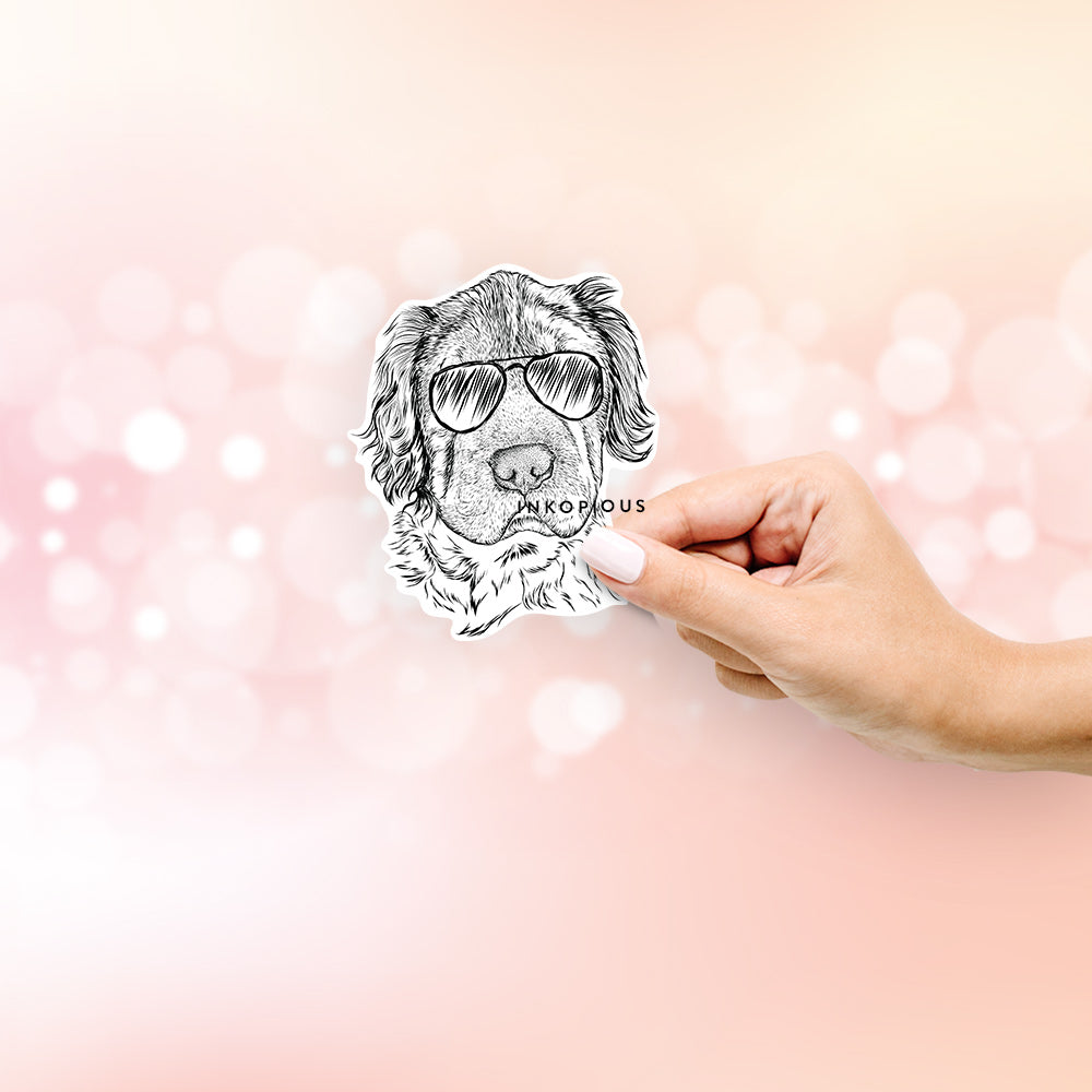 Hand-drawn sketch of Rex the Mini Hippo wearing aviator sunglasses on a decal sticker