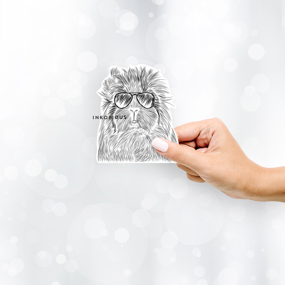 Hand-drawn sketch of Rhino the Guinea Pig wearing aviator sunglasses on a decal sticker
