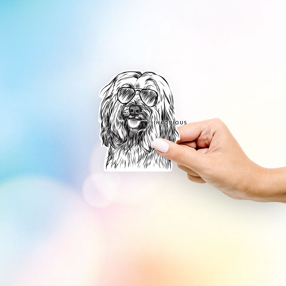 Hand-drawn sketch of Rime the Tibetan Terrier wearing aviator sunglasses on a decal sticker