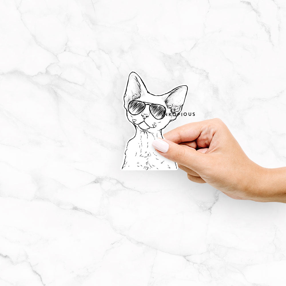Hand-drawn sketch of Ripley the Devon Rex Cat wearing aviator sunglasses on a Ripley Devon Rex decal sticker
