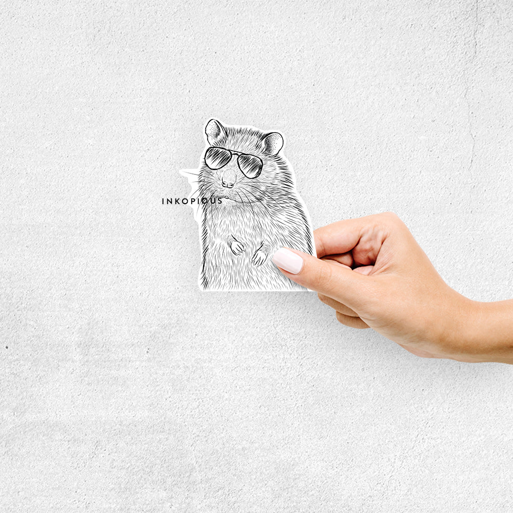 Hand-drawn sketch of Rizzo the Rat wearing aviator sunglasses on a decal sticker