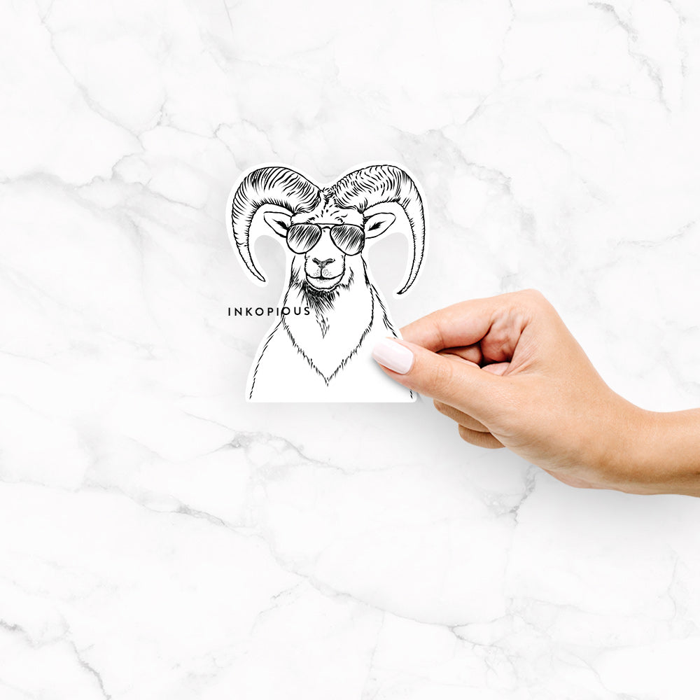 Hand-drawn sketch of Rod the Ram wearing aviator sunglasses on a decal sticker