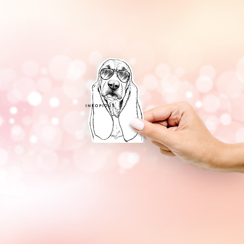 Hand-drawn sketch of Rolo the Basset Hound wearing aviator sunglasses on a decal sticker