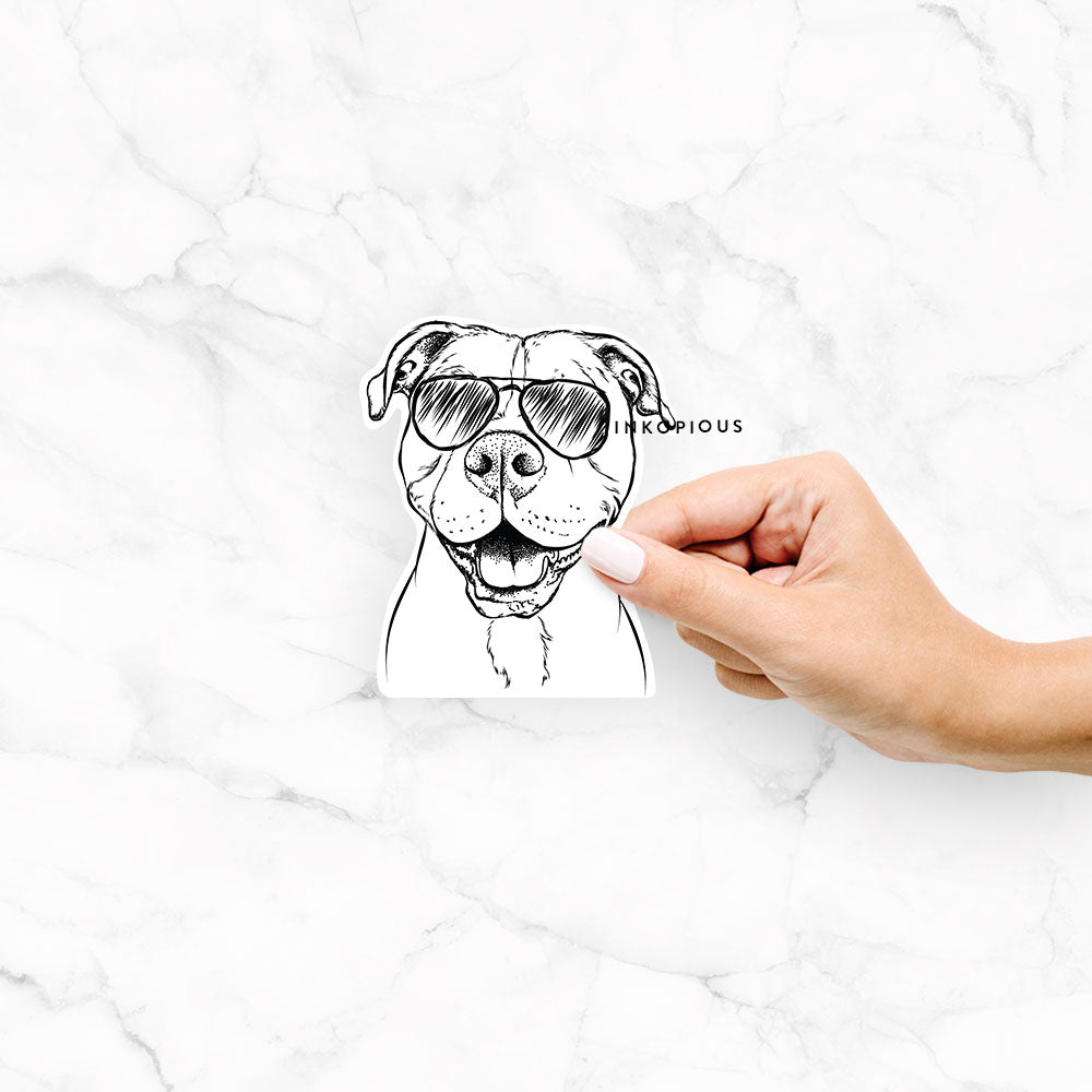 Hand-drawn sketch of Roscoe the Pitbull wearing aviator sunglasses on a Roscoe Pitbull decal sticker