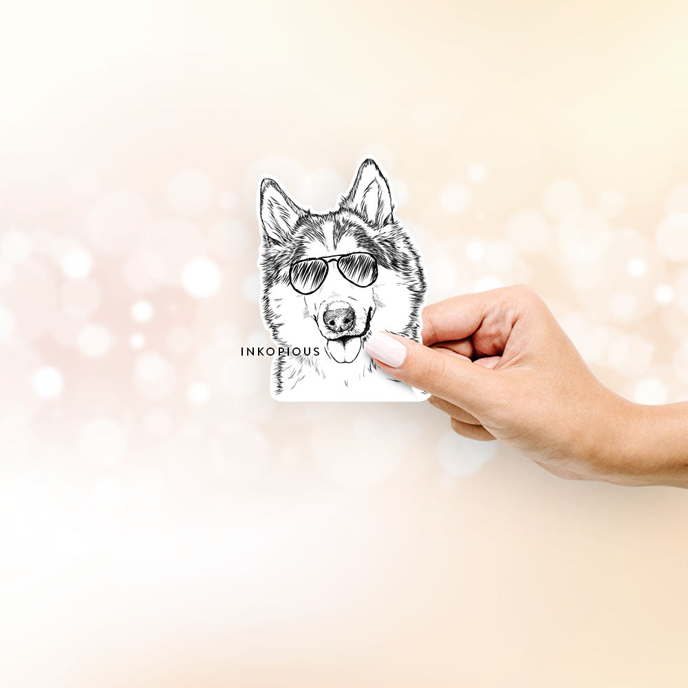 Hand-drawn sketch of Roshi the Mixed Breed wearing aviator sunglasses on a Sticker decal sticker