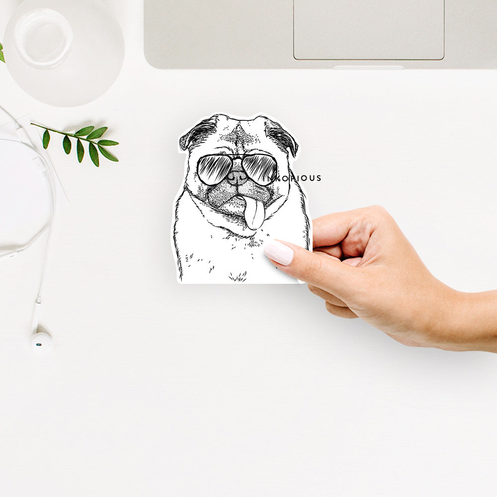 Hand-drawn sketch of Rosie the Pug wearing aviator sunglasses on a decal sticker