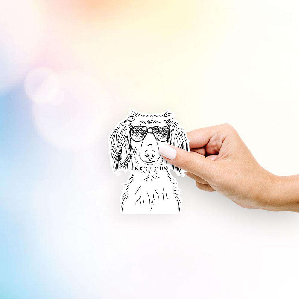 Hand-drawn sketch of Roux the Long Haired Dachshund wearing aviator sunglasses on a LHDach decal sticker