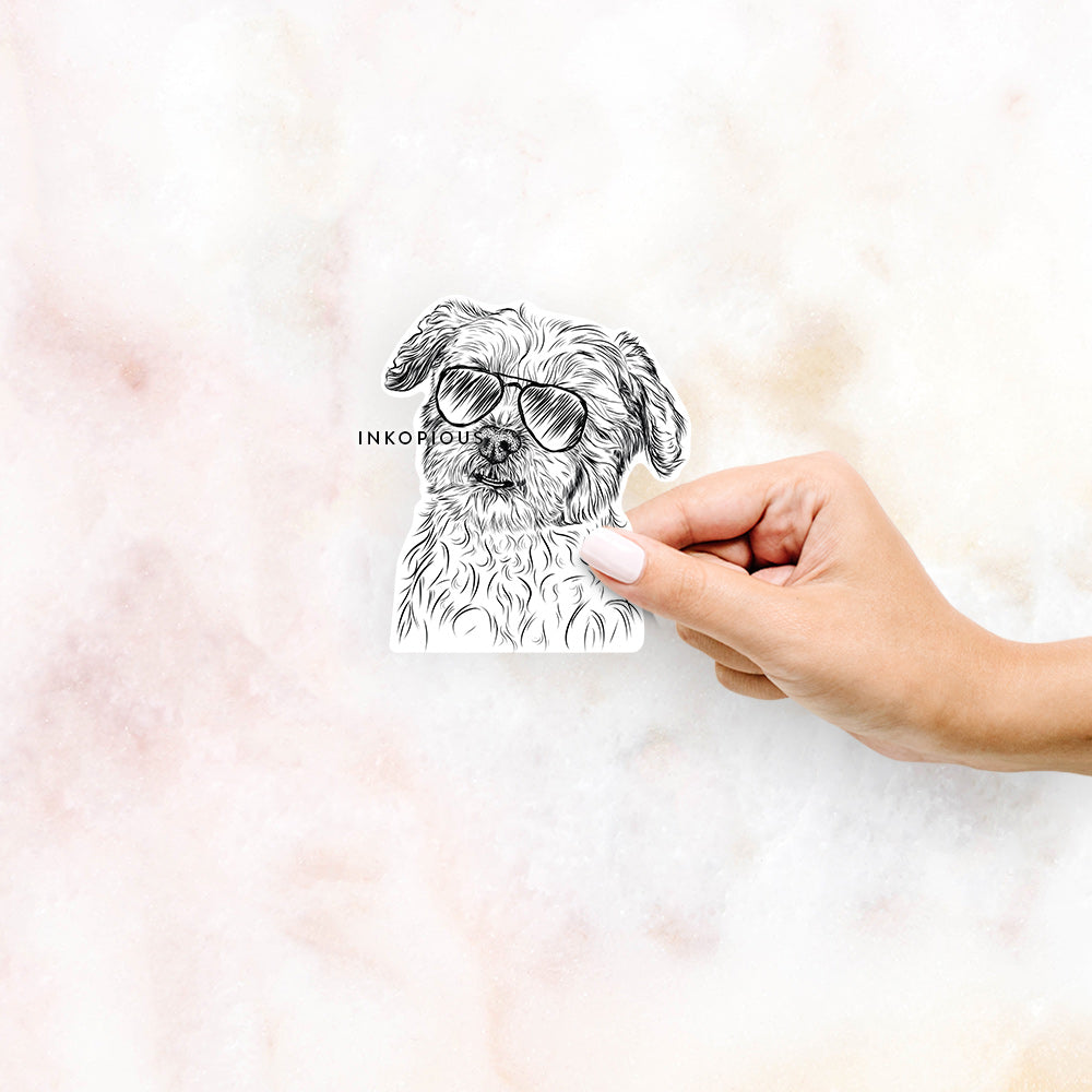 Hand-drawn sketch of Roxie the Schnauzer Shih Tzu Mix wearing aviator sunglasses on a decal sticker