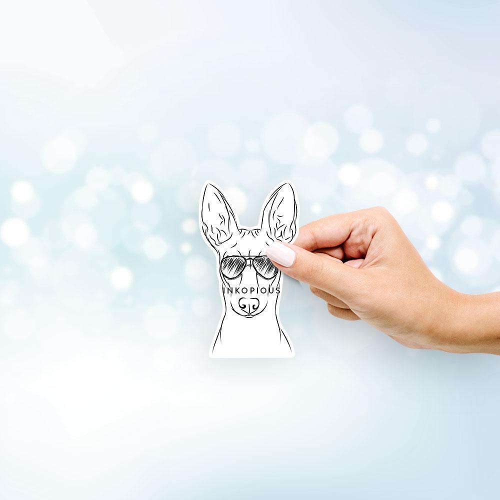 Hand-drawn sketch of Ruadh the Pharaoh Hound wearing aviator sunglasses on a decal sticker
