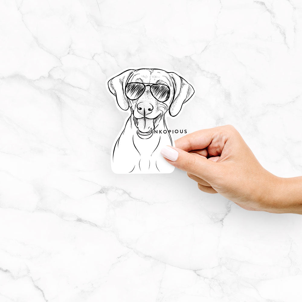 Hand-drawn sketch of Ruby the Vizsla wearing aviator sunglasses on a Ruby Vizsla decal sticker