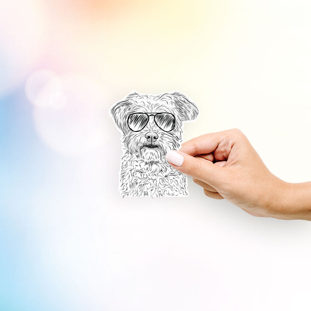 Hand-drawn sketch of Rudy the Schnoodle wearing aviator sunglasses on a decal sticker