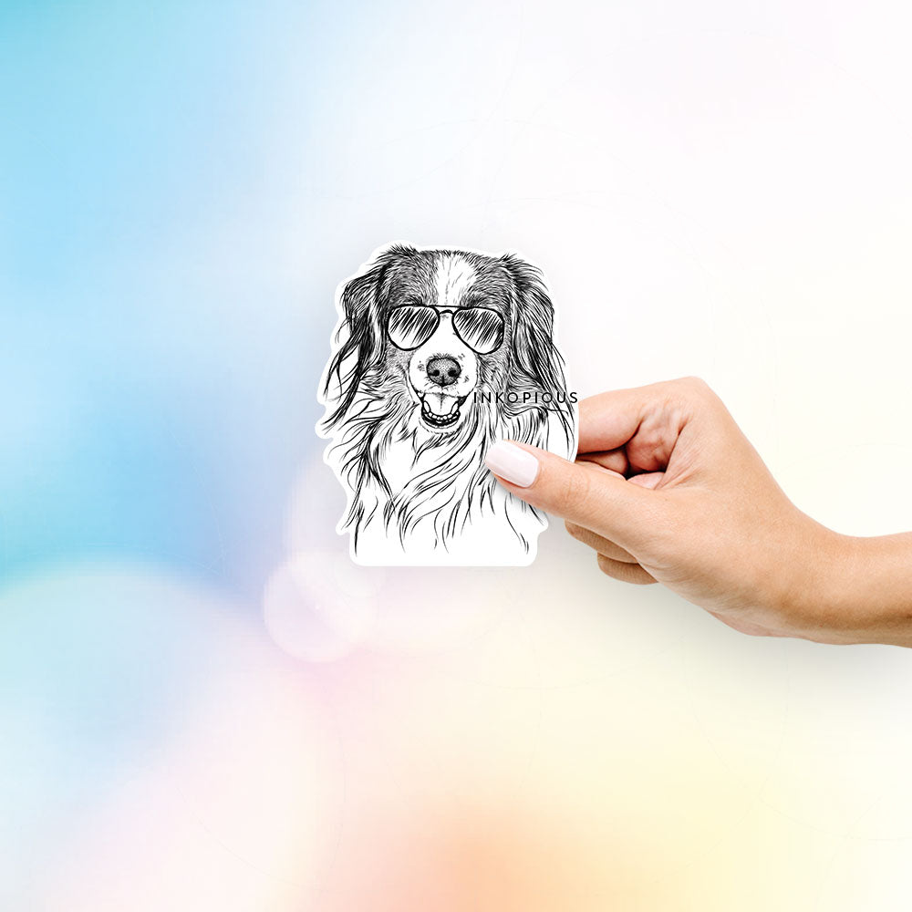 Hand-drawn sketch of Rutger the Nederlandse Kooikerhondje wearing aviator sunglasses on a decal sticker