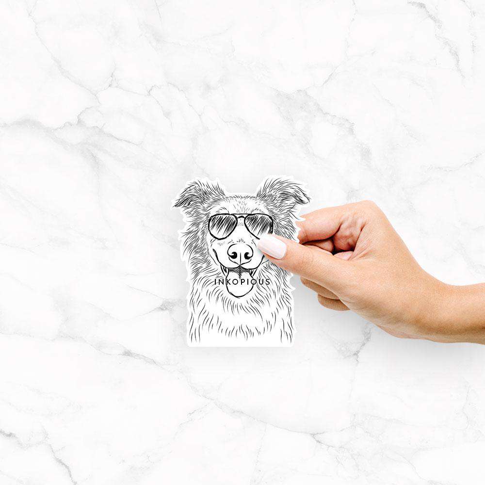 Hand-drawn sketch of Ruxtin the Shepherd Mix wearing aviator sunglasses on a decal sticker