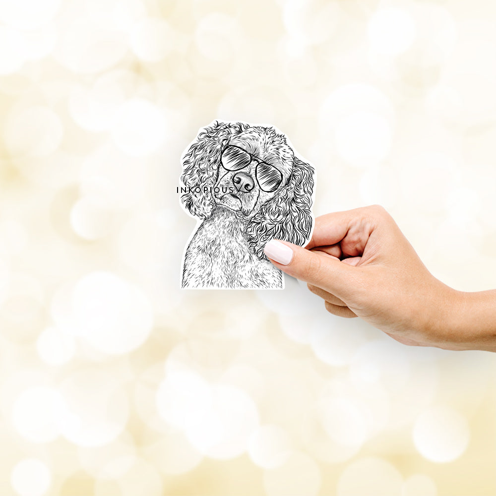 Hand-drawn sketch of Sadie the Cocker Spaniel wearing aviator sunglasses on a decal sticker