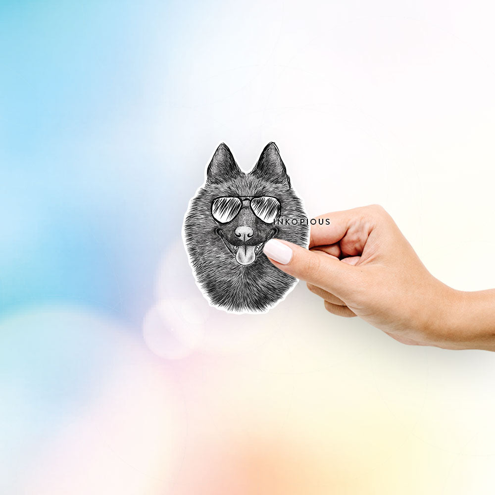 Hand-drawn sketch of Sander the Schipperke wearing aviator sunglasses on a Sticker decal sticker