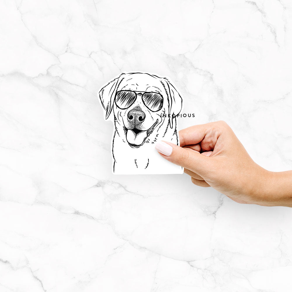 Hand-drawn sketch of Sanford the Labrador Retriever wearing aviator sunglasses on a Sanford Lab decal sticker